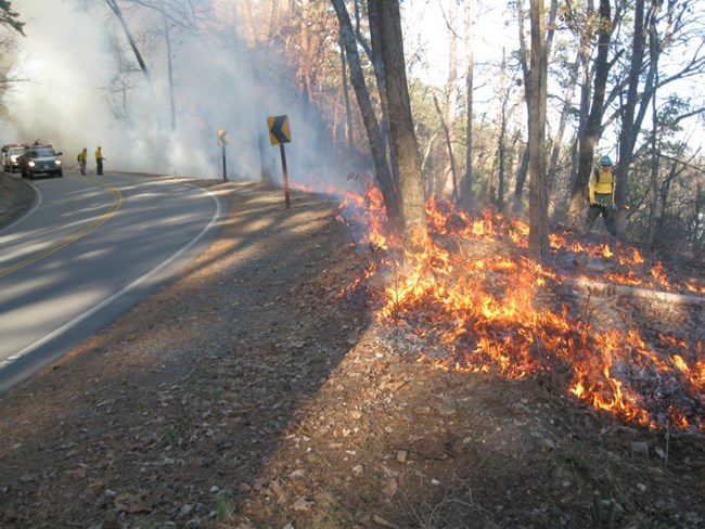 A firefighter walks around flames on the ground, other firefighters are in the distance.