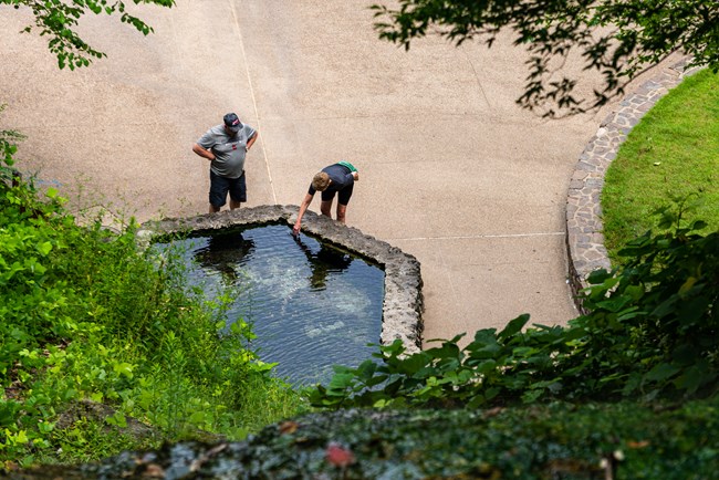 A woman dipping her hand into the display spring behind Arlington Lawn