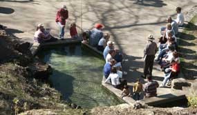 view of cascade basin from above; park ranger gives talk about water while visitors sit on edge concrete basin view of cascade basin from above; park ranger gives talk about water while visitors sit on edge concrete basin