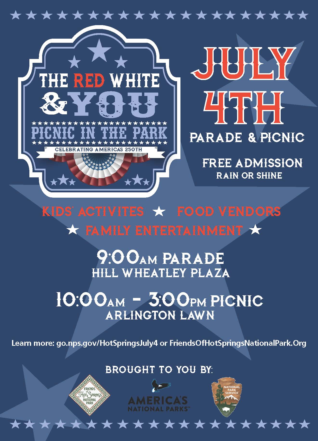 Blue postcard with information about 9am parade and 10-3 programming on July 4
