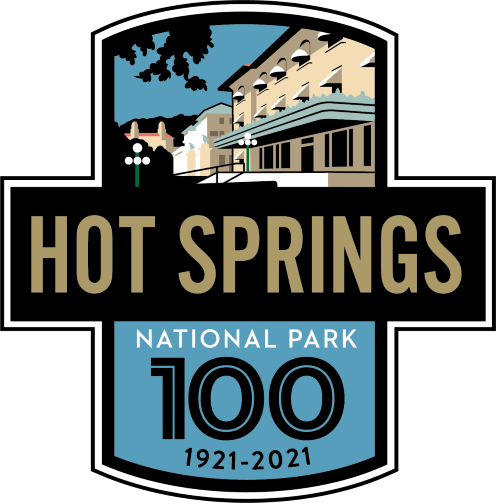 Cartooned image of a large bathhouse with the words "Hot Springs National Park 100 1921-2021"