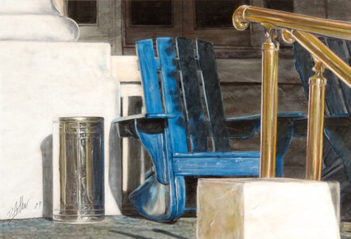 painting of blue Adirondack chair on Buckstaff Bathhouse porch in center with portion of brass hand rail on right and gleaming chrome ash and trash can to the left of the chair