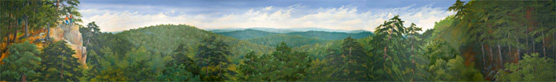 Wide view from a trail looking across a ravine at Goat Rock, a natural outcrop. It's a summer scene with green trees in the foreground and green mountain in the background.