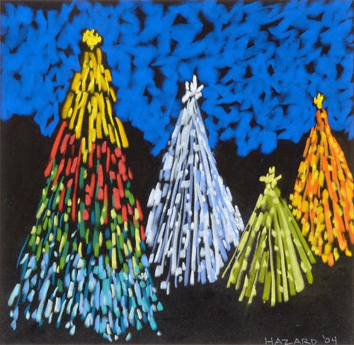 painted on black velvet, shows Christmas trees in bright colors with royal blue upper half; far left Christmas tree is gold at top, then red, green and blue and is the tallest; next tree to right is light blue and is about a third shorter; next one to left is green and shorter still and on far right is an orange one