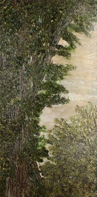 A vertical painting of an evergreen tree on the left and a round shaped tree on the right, the original painting is very glossy, but dark