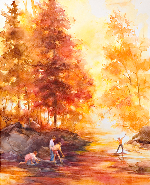 (vertical) Scene of Gulpha Creek with children playing at the water's edge. There is an orange cast to most of the picture. There are trees on both sides of the creek, filling in the background fading into yellow-orange. There are gray boulders on the left and three children and one child on the right. The water has an orange hue, reflected from the color of the trees.