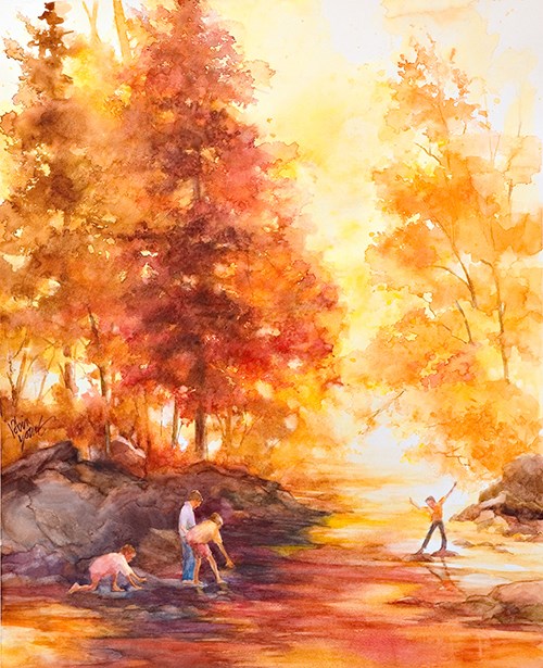 (vertical) Scene of Gulpha Creek with children playing at the water's edge. There is an orange cast to most of the picture. There are trees on both sides of the creek, filling in the background fading into yellow-orange. There are gray boulders on the left and three children and one child on the right. The water has an orange hue, reflected from the color of the trees.