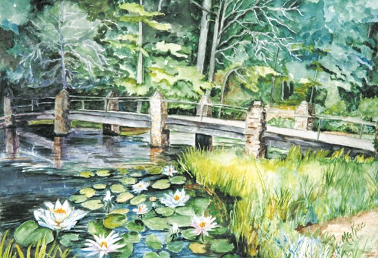 watercolor painting with white water lilies in the foreground and bridge in the center, trees in the background. The bridge is made of stone supports, hence the name Stonebridge Road.