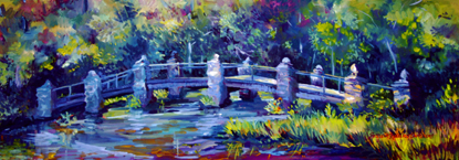 oil on canvas painting of the arched stone bridge that goes over a narrow pond; the bridge has a blue tone with green trees in the background and red grasses adding color to the right foreground