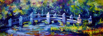 oil on canvas painting of the arched stone bridge that goes over a narrow pond; the bridge has a blue tone with green trees in the background and red grasses adding color to the right foreground