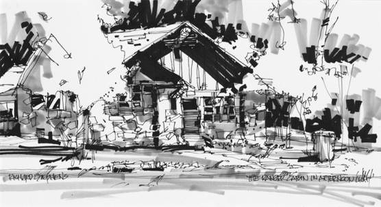 artist rendering of former ranger cabin with tree on left, artwork is with permanent marker giving a grayscale appearance