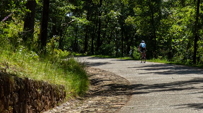 A man biking up the steep road to Hot Springs Mountain
