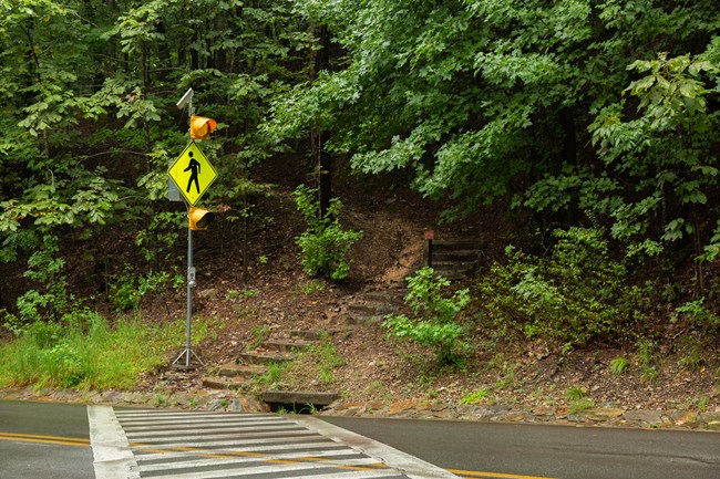 A trail intersecting into a road with a vibrant crosswalk