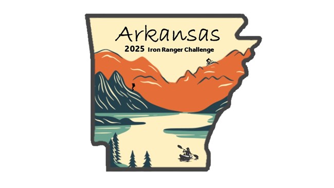 Image in shape of Arkansas with mountains, trees, waterways, and figures paddling, hiking, and biking.
