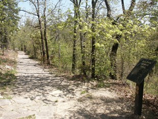 Early spring shot of gravel tree lined trail on left side with the brown trailhead sign on a post of the right Early spring shot of gravel tree lined trail on left side with the brown trailhead sign on a post of the right