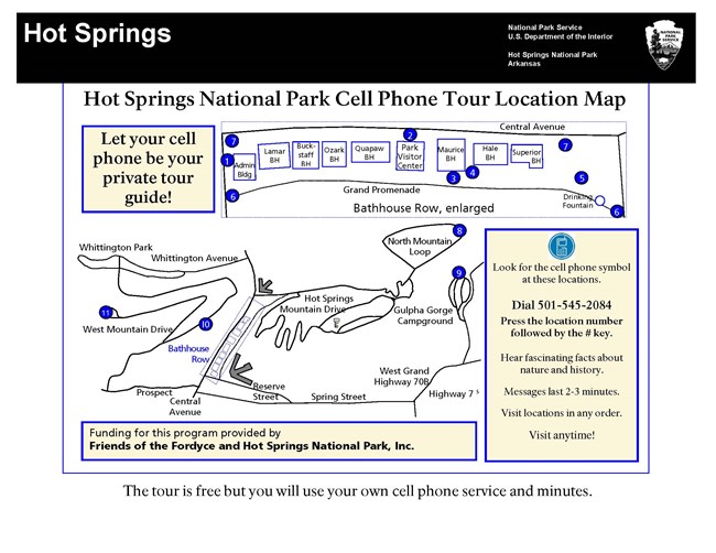 Map of the Cell Phone tour locations along Bathhouse Row, numbered 1 through 10.