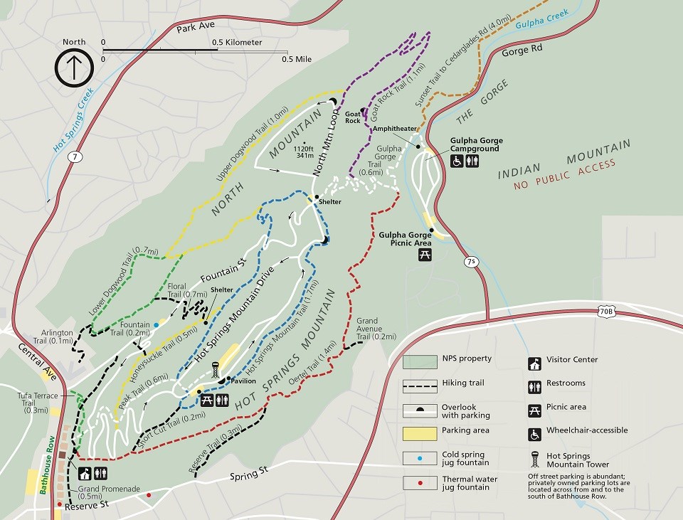 Short, interconnected trails branch off from each other on Hot Springs and North Mountain. The Grand Promenade behind Bathhouse Row connects the downtown area to these trails, and Gulpha Gorge Trail connects the Gulpha Gorge Campground to these trails.