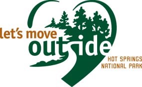 Let's Move Outside logo for Hot Springs National Park: a green heart shape with let's move in gold on the left side and outside in the heart, with the s forming a trail into the trees in the heart. Let's Move Outside logo for Hot Springs National Park: a green heart shape with let's move in gold on the left side and outside in the heart, with the s forming a trail into the trees in the heart.