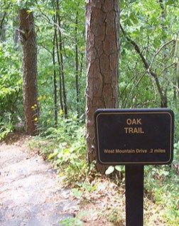 color photo of Oak Trail trail sign, sign is made of dark brown metal with gold lettering color photo of Oak Trail trail sign, sign is made of dark brown metal with gold lettering