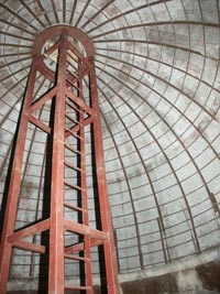 view of inside Quapaw dome, showing ribbing reinforcements and a metal structure supporting the center