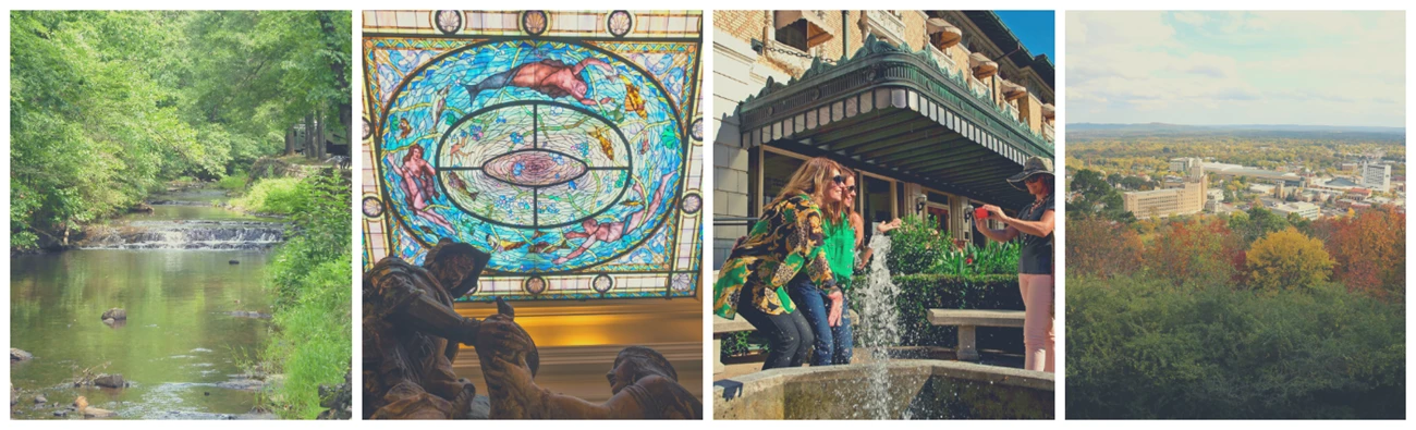 Gulpha Creek, Men's Bathhouse, the Fordyce, and Fall Colors Four photo collage: Gulpha Creek, Women posing in front of the Fordyce, Stained Glass in the Bathhouse, and an overlook of Fall colors.