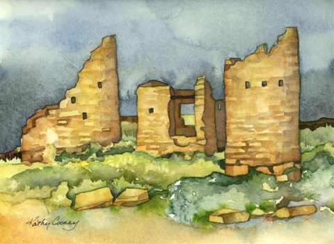 a painting of stone structures