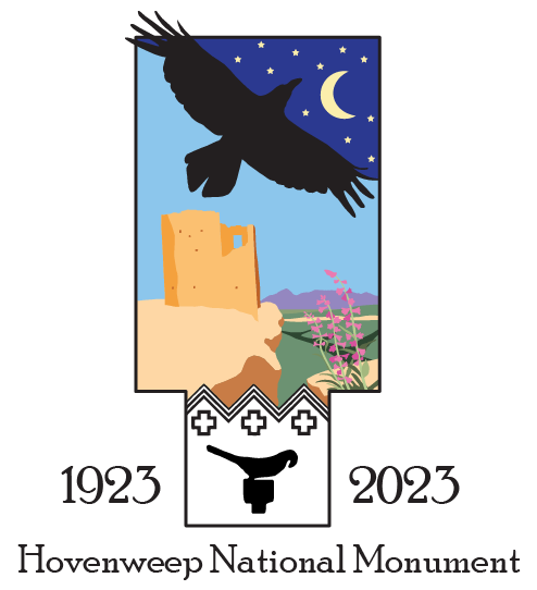illustration of Hovenweep Castle, penstemon, and a raven with text: Hovenweep National Monument, 1923 -2023