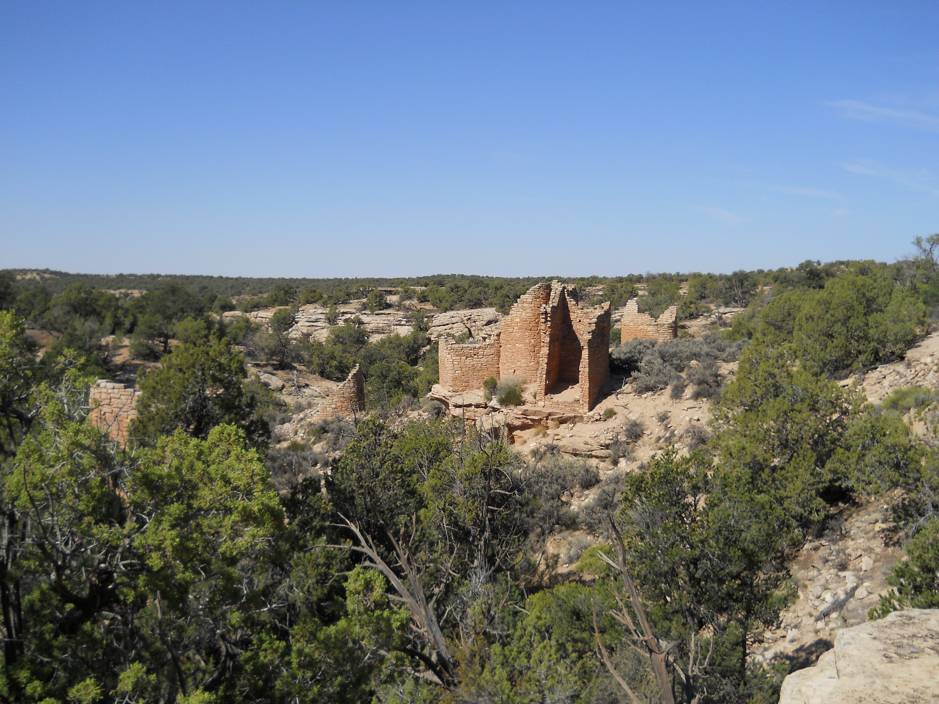 remains of a large stone structure perched on a boulder, surrounded by trees