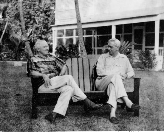 Truman visits on lawn of Little White House, November 1949.