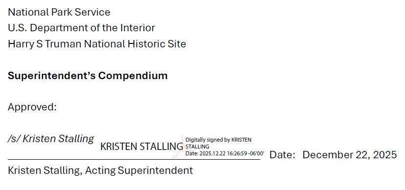 Compendium header showing the signature of acting park superintendent Kristen Stalling
