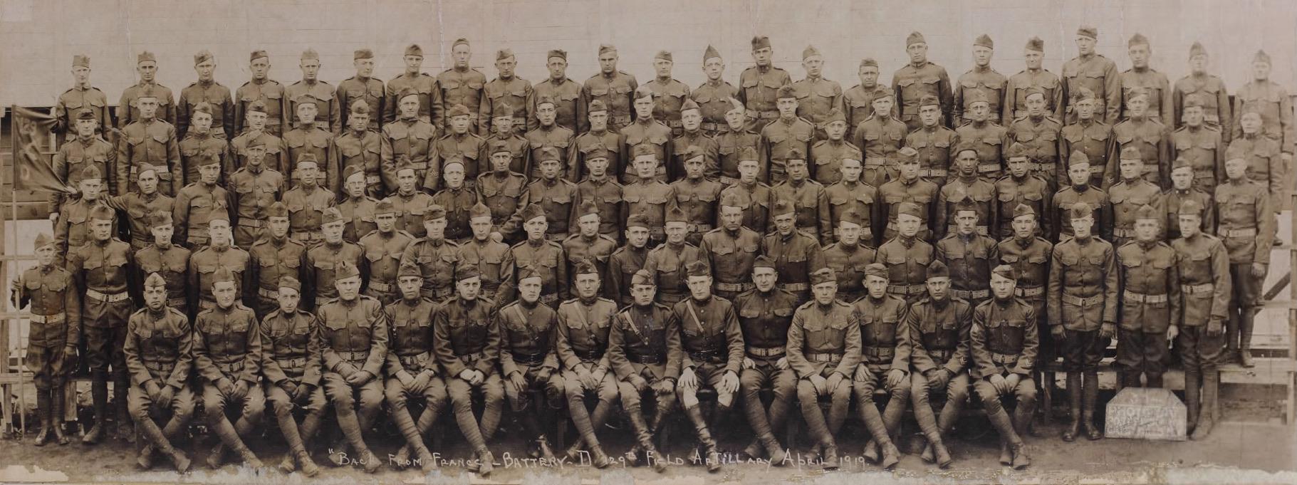 129th Field Artillery, Colonel Harry S Truman, commander. World War I. A large group of soldiers in uniform, from World War I, pose, including Harry Truman.
