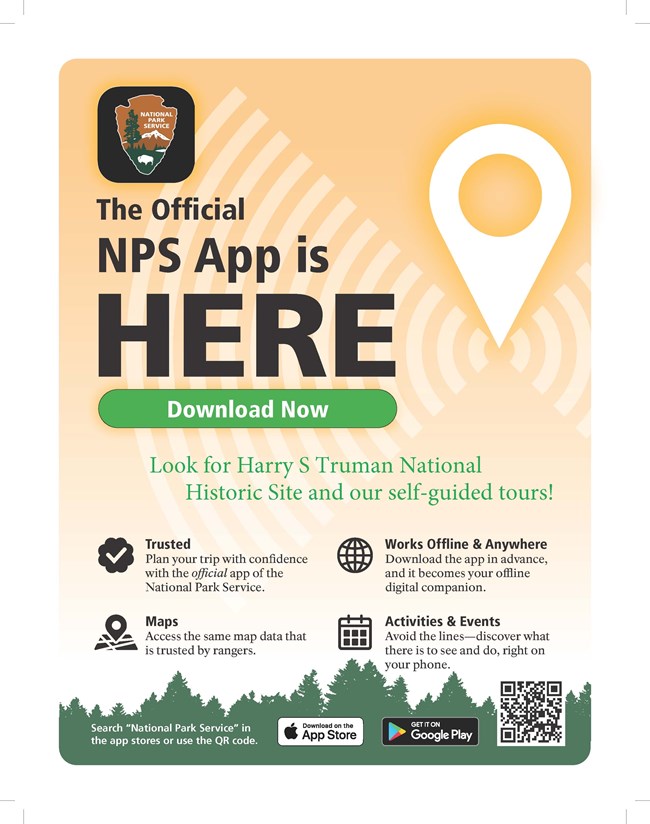 A mostly yellow sign highlights the NPS app, with a QR code. There is an NPS Arrowhead. Green silhouettes of trees are on the bottom.