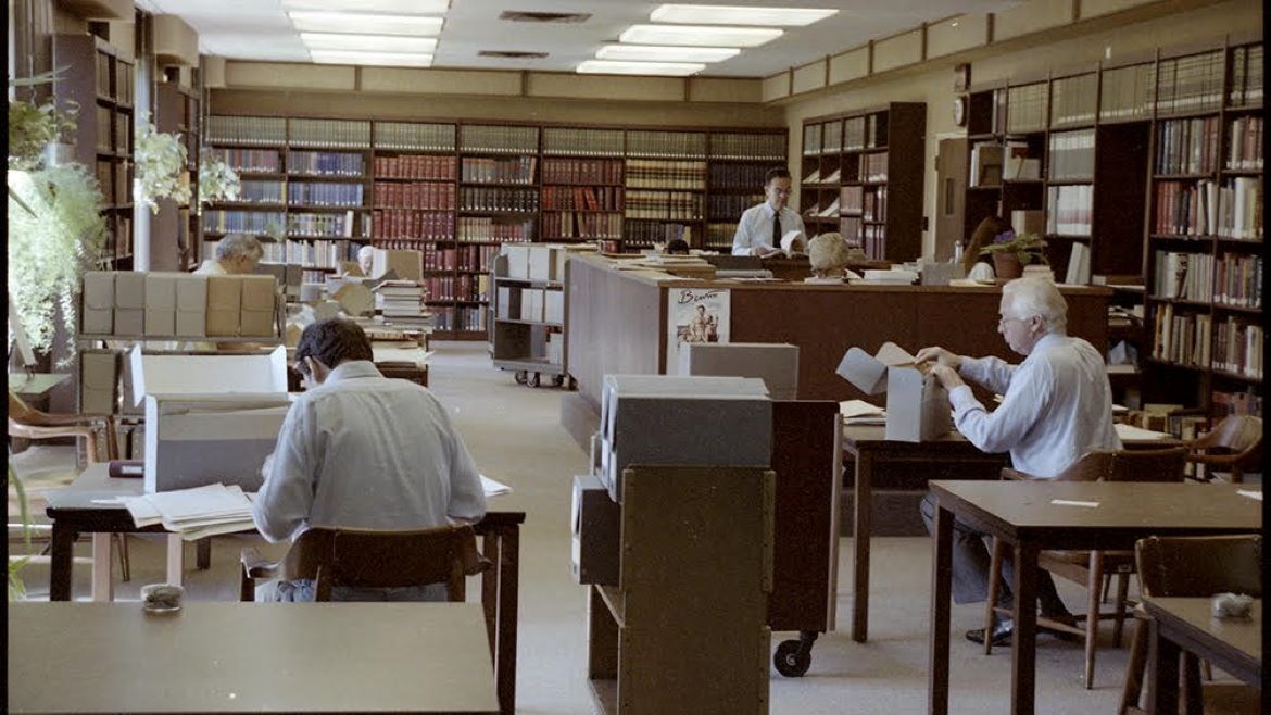 Writer David McCullough is at work researching in the Truman Library Research Room