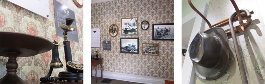 three images showing various exhibits found in the Noland House including a vintage phone, framed photographs on a wall, and a hat on a hook.