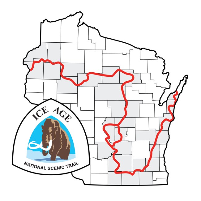 Illustration of Wisconsin with red line showing path of Ice Age Trail.