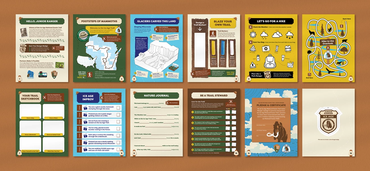 Ice Age Trail Junior Ranger Booklet Pages Illustration of pages of a junior ranger activity book.