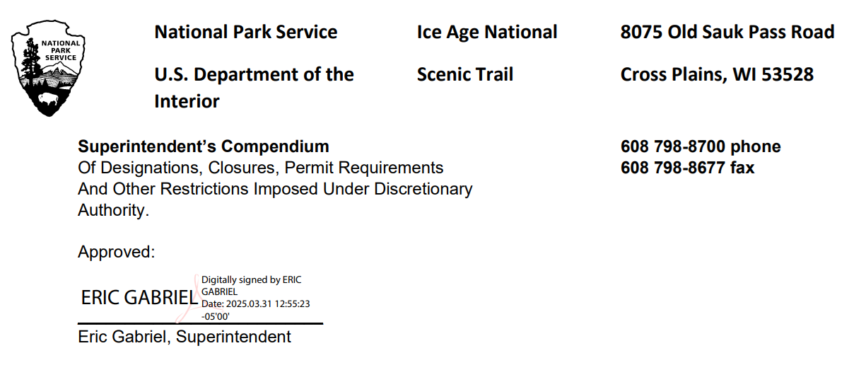 Signature page of the Ice Age National Scenic Trail's Superintendents Compendium