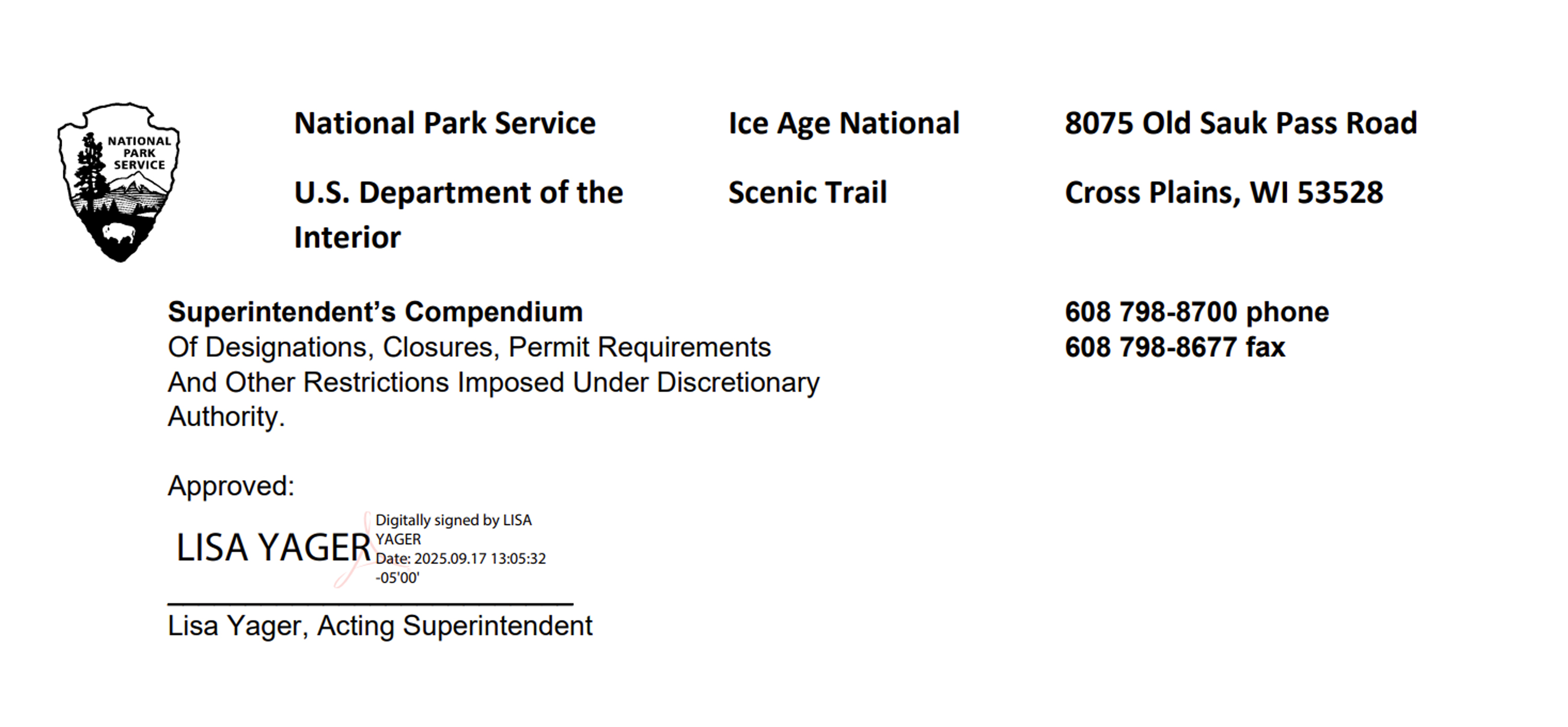 Signature page of the Ice Age National Scenic Trail's Superintendents Compendium