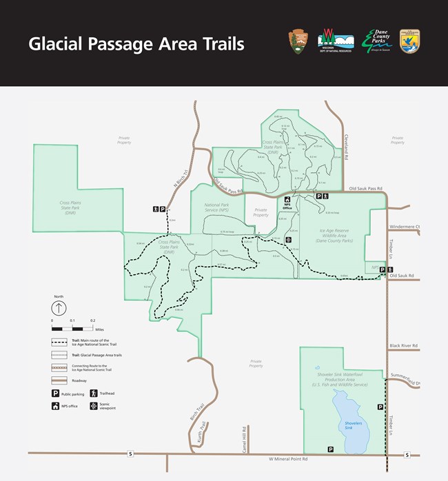 Map of Glacial Passage Area in Cross Plains, Wisconsin showing hiking trails.