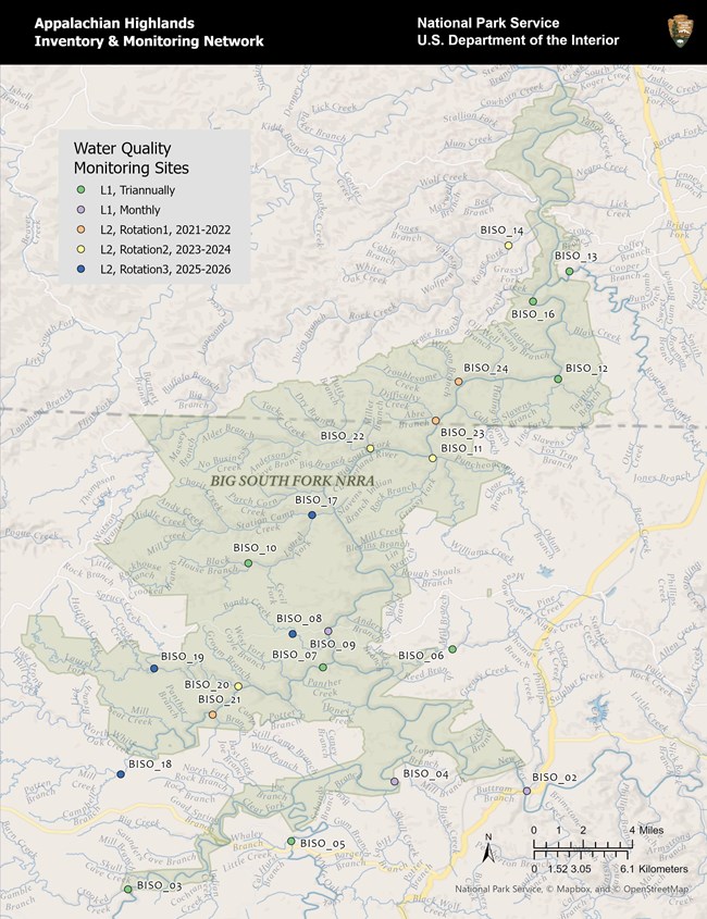 Map of APHN water quality monitoring sites in Big South Fork NRRA