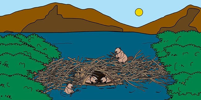 A cartoon of beavers building a dam.