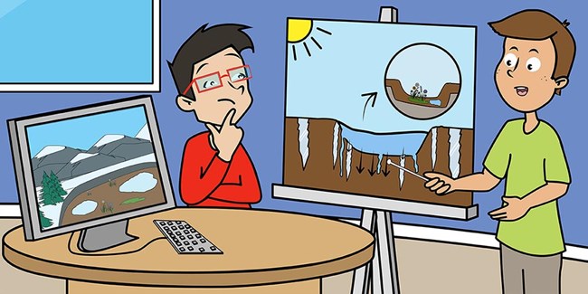 A cartoon of a scientist looking at permafrost diagram.