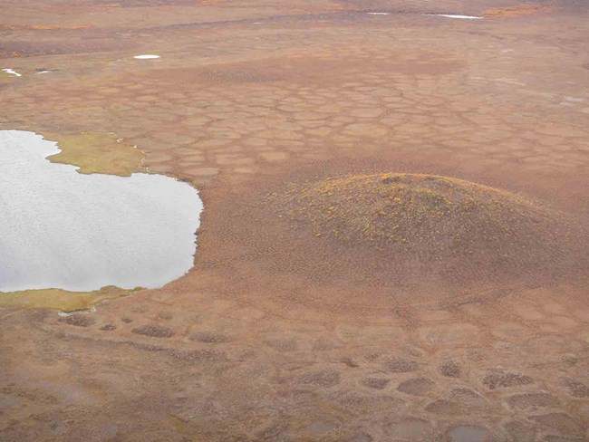 An aerial view of the Arctic tundra with permafrost polyons and a pingo.