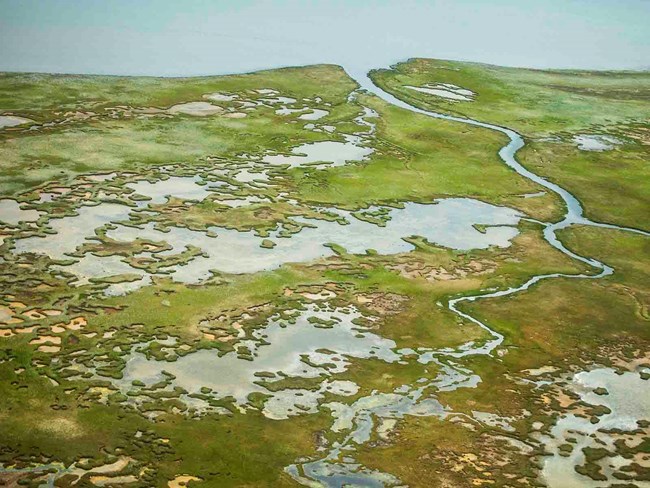 An aerial view of many shallow lakes in the Arctic.