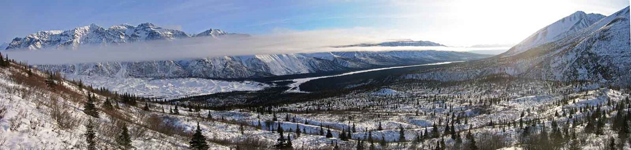 The Wrangell Mountains, a large coastal mountain range with rugged peaks.