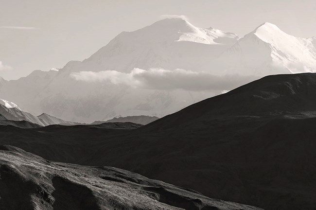 Denali, the mountain A black and white image of Denali peaks.