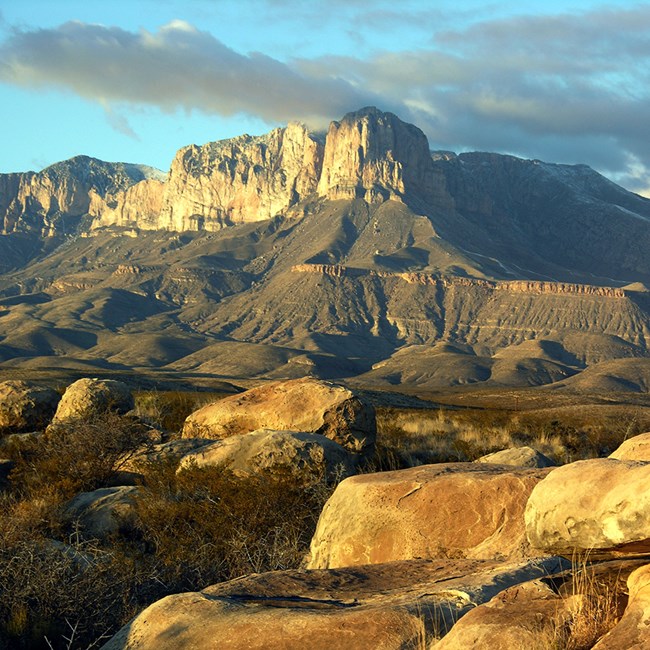 Large boulders and plants with rugged mountain cliffs and rolling foothills in the background