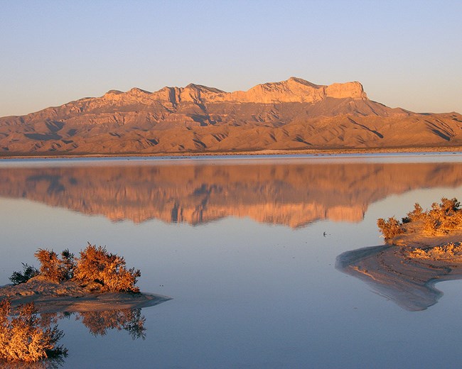 Salt playa filled with water at Guadalupe Mountains National Park