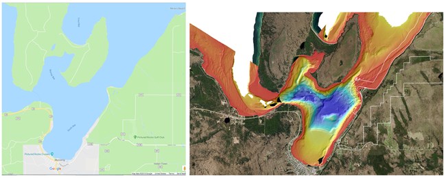 comparison of map with flat blue water and one with sonar data