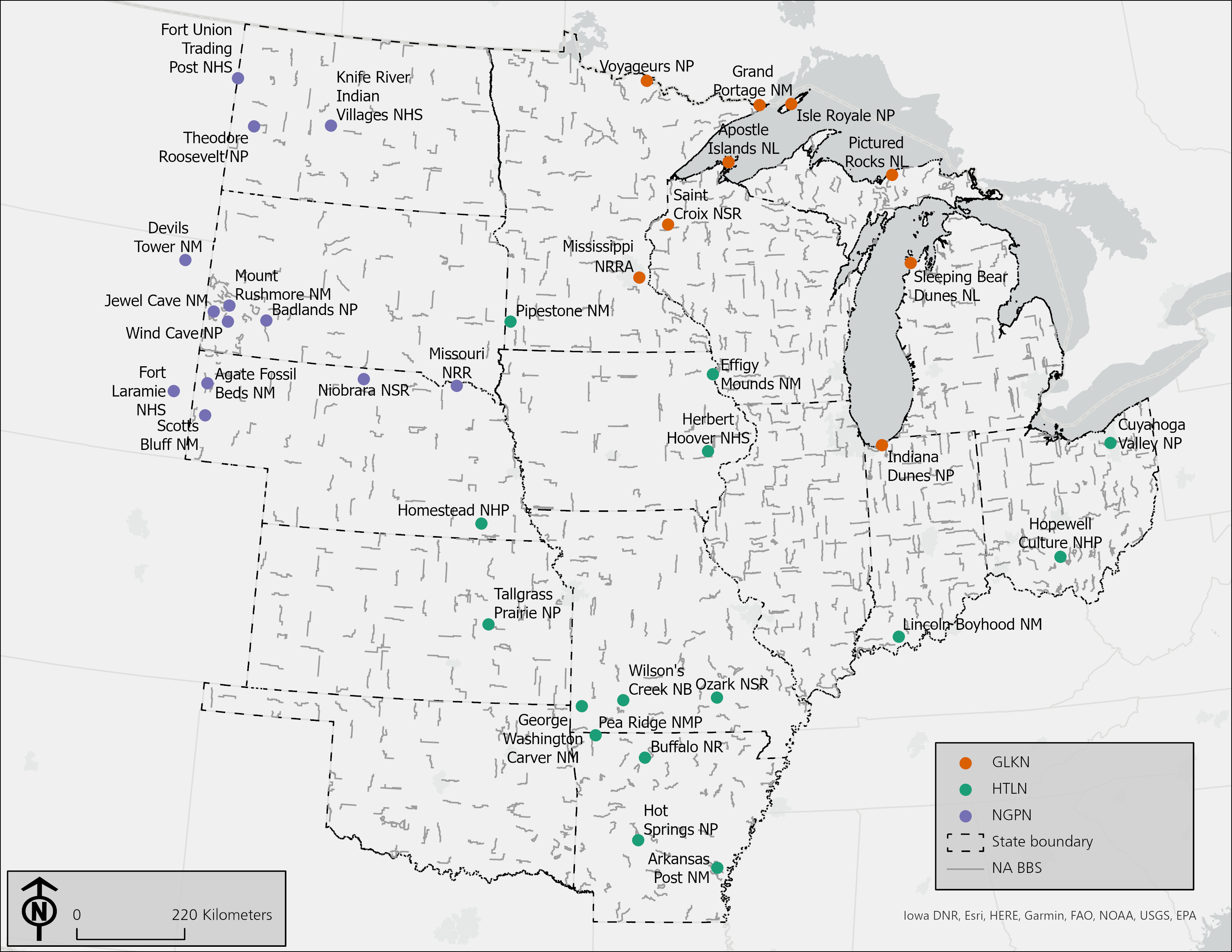 NABBS Survey Routes A map of the central United States with small gray lines and colored dots